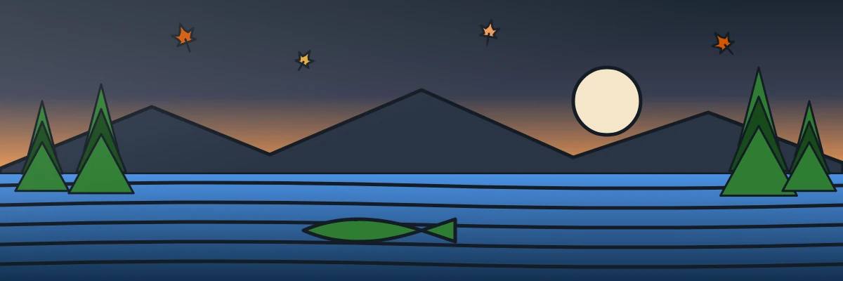 Stained-glass view of the lake at dusk with pines, a pale moon and falling maple leaves
