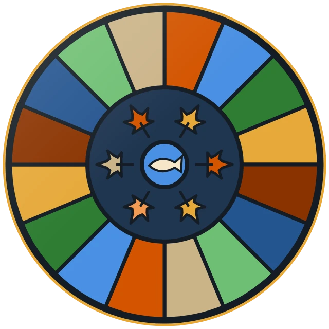 Round stained-glass window in maple orange, lake blue, pine green and birch gold with a bass at its centre